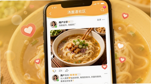 汤面道社区页面，手机屏幕显示用户分享的汤面照片和评论，背景为暖色，有爱心点赞图标，界面活跃，体现社交属性