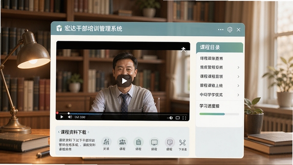 宏达干部培训管理系统在线学习界面，画面中央为视频播放窗口，右侧为课程目录与学习进度条，下方有课程资料下载区，界面友好，色彩柔和，背景为书房环境，暖色调，写实风格，细节丰富