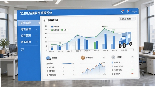 宏达废品回收公司管理系统主界面预览图，左侧菜单栏显示采购管理、销售管理、库存管理、财务管理等模块，中央区域展示今日回收统计图表，背景为办公室环境，整体风格简洁明亮，采用蓝白配色，界面清晰，细节丰富，适合软件官网展示