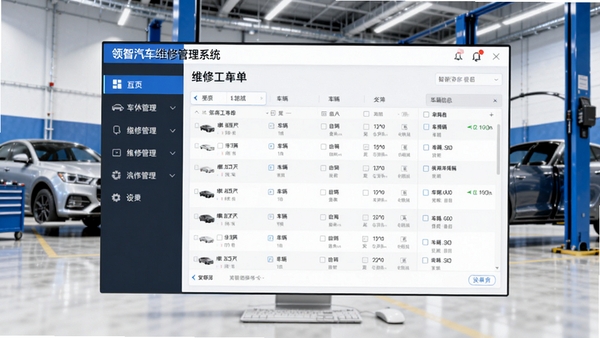 领智汽车维修管理系统主界面展示,画面中央为一套完整的汽车维修管理软件界面,左侧是功能导航栏,右侧显示维修工单列表与车辆信息,背景为现代化汽车维修车间,色调以蓝色和白色为主,界面清晰明亮,整体风格专业商务