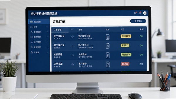 宏达手机维修管理系统的主界面展示图，画面聚焦于软件后台的订单管理列表，左侧为功能导航栏，右侧显示客户维修记录与状态标签，背景为整洁的电脑桌面环境，整体色调以深蓝与白色为主，风格专业且现代，体现高效管理氛围。