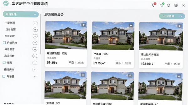宏达房产中介管理系统房源管理界面，显示房源卡片列表，包含房屋照片、价格、面积、户型等关键信息，左侧为筛选条件栏，界面布局清晰有序，色彩搭配柔和