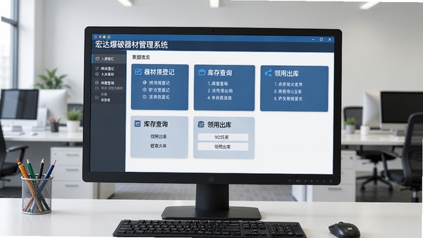 宏达爆破器材管理系统主界面预览图，画面展示软件在电脑屏幕上的运行效果，界面包含器材入库登记、库存查询、领用出库等模块列表，背景为整洁的办公室环境，整体风格写实清晰