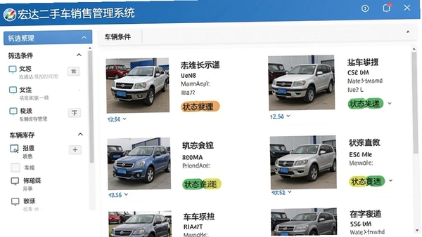 宏达二手车销售管理系统车辆库存管理界面截图，左侧为筛选条件栏，右侧为车辆信息列表，包含车辆缩略图与状态标签，界面清晰有序