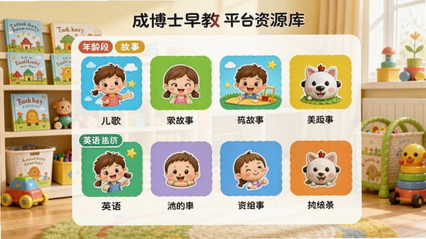 成博士早教平台资源库界面，显示按年龄段分类的儿歌、故事、英语等模块，每个模块有彩色卡通图标，背景为儿童书房，书架上有绘本和玩具，画面明亮温馨