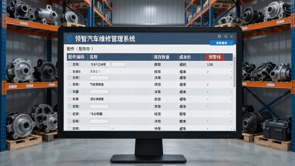 领智汽车维修管理系统配件库存管理界面,画面显示一个仓库货架背景,电脑屏幕上呈现配件库存列表,包含配件编码、名称、库存数量、成本价和预警线,货架上整齐摆放着各种汽车零部件,整体色调为蓝灰色,风格写实