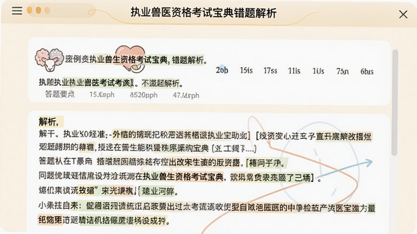 执业兽医资格考试宝典错题解析界面，展示一道例题及下方详细的文字解析内容，界面高亮显示关键词和答题要点，背景为柔和的米黄色，突出学习氛围