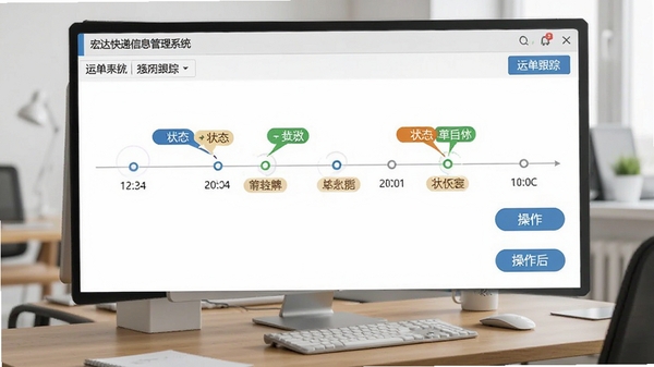 宏达快递信息管理系统运单跟踪界面截图，显示时间轴节点、状态标签和操作按钮，背景为办公桌面，画面简洁专业