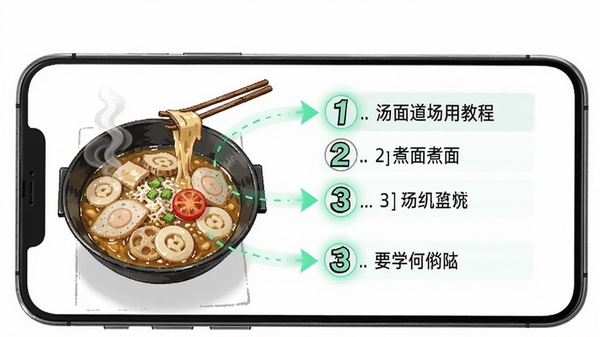汤面道APP教程界面，手机屏幕展示煮面的分步图解，左图右文，步骤清晰，背景为白色，配以高亮标注，强调教学功能