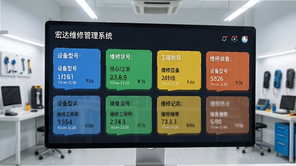宏达手机维修管理系统维修进度看板界面，以看板形式展示不同状态下的工单卡片，卡片上显示设备型号与维修工程师姓名，背景为明亮的维修店环境，界面色彩清晰区分各进度阶段。