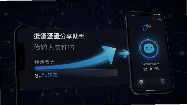 蛋蛋分享助手传输大文件时的速度界面，显示飞速增长的进度条和传输速率，手机之间连接动画流畅，背景采用深色模式凸显科技感
