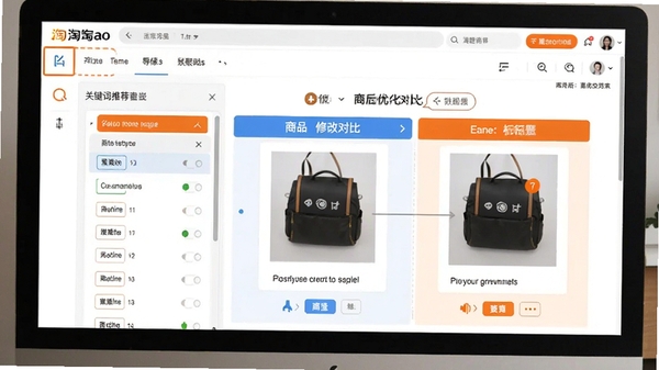 淘宝导购器标题优化功能界面，左侧为关键词推荐列表，右侧显示商品标题修改前后对比效果，背景为电脑屏幕上的淘宝商品编辑页面，视觉上突出数据对比和优化建议，画面清晰专业