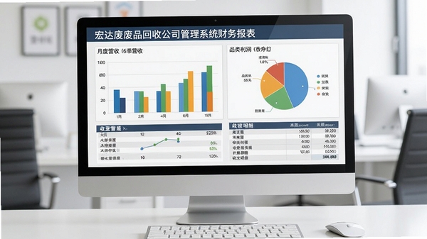 宏达废品回收公司管理系统财务报表界面，展示月度营收柱状图、品类利润饼图以及收支明细表格，背景为简洁的办公室桌面，屏幕显示彩色图表，整体风格清晰直观，商务感强