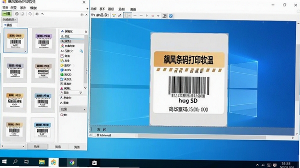 飚风条码打印软件主界面预览图，展示软件在电脑桌面运行的完整界面，左侧为模板与码制选择区，右侧为标签编辑画布，画布上有一个设计完成的商品价格标签，背景为干净的Windows系统桌面，整体风格明亮清晰