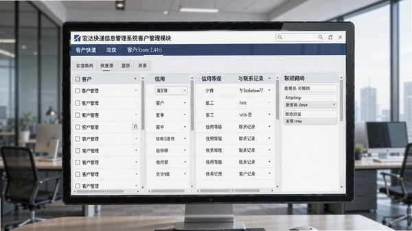 宏达快递信息管理系统客户管理模块页面，展示客户列表、信用等级与联系记录，背景为商务办公环境，风格专业稳重