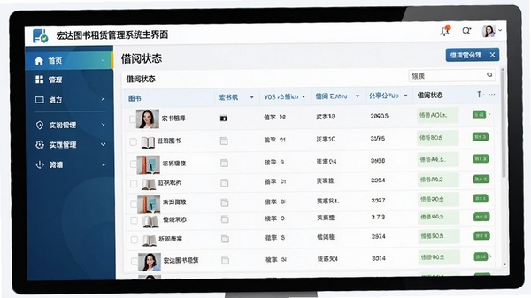 宏达图书租赁管理系统主界面预览图，画面展现其清晰的图书管理后台，左侧功能导航栏，右侧显示图书列表与借阅状态，整体风格简洁商务，色彩明快