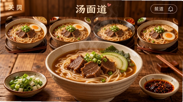 汤面道app主界面，展示各种汤面美食图片，温暖色调，背景为木质餐桌，前景摆放一碗热气腾腾的牛肉面，旁边有葱花和辣椒油小碟，整体风格温馨诱人，适合美食类应用宣传图