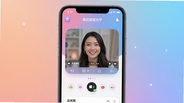 克拉语音app主界面预览图,展示多功能语音社交大厅,背景为柔和渐变色,画面中央有正在进行的语音房间,界面友好现代,细节丰富,符合手机应用商店宣传图风格