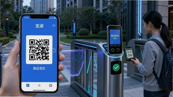 龙湖APP智能门禁功能演示，手机屏幕显示二维码通行码，背景是小区大门闸机，旁边有访客正在扫码，门禁屏幕显示“验证成功”，整体色调科技感十足，突出安全高效的通行体验。