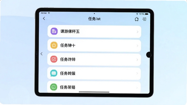 课游记功能展示图，平板电脑横屏显示着任务列表界面，列表项带有彩色标签图标，背景为淡雅的渐变蓝色，画面干净整洁，强调任务管理的清晰与便捷