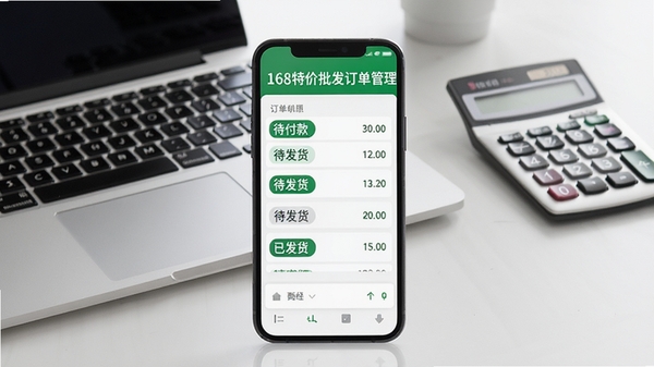 168特价批发订单管理功能图，手机屏幕显示订单列表，包含待付款、待发货、已发货等标签，背景为整洁的办公桌面，有笔记本电脑和计算器，商务简约风，绿白配色，细节清晰