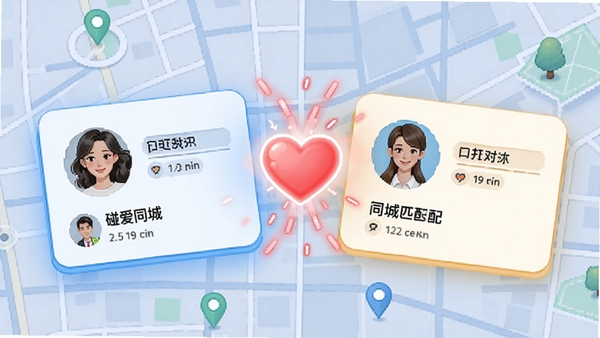 碰爱同城匹配功能示意图,展示两张用户资料卡片相互吸引并碰撞出爱心特效,背景为简洁的地图坐标网格,突出同城与速配的核心概念,画面色彩明亮轻快
