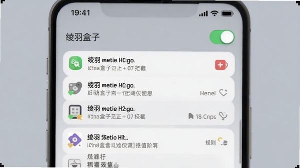 绫羽盒子通知过滤功能示意，手机状态栏下方展示通知列表，部分被标记为已拦截，背景为柔和灰色，画面中有开关按钮与规则列表，风格简洁明了。