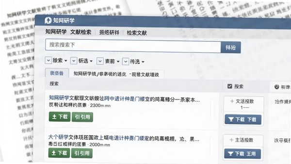 知网研学文献检索界面特写,显示搜索框、筛选条件、检索结果列表,每篇文献下方有下载和引用按钮,背景为模糊的学术论文页面