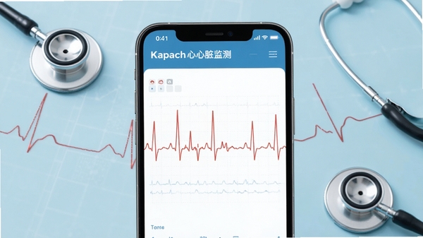 一张展示卡帕奇心电软件主界面的高清截图，画面中央是手机屏幕显示心电波形图，背景为淡蓝色医疗风格，周围有听诊器、心电图线条等元素，整体简洁专业，突出心脏健康监测主题