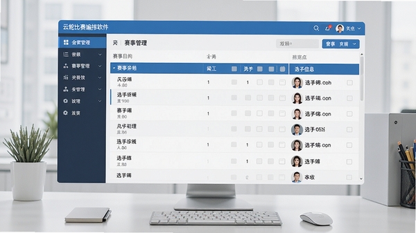 云蛇比赛编排软件主界面截图，展示赛事管理后台的清晰布局，左侧功能导航栏，右侧赛事日程与选手信息列表，背景为整洁的办公桌面环境，整体色调以蓝色和白色为主，呈现出专业、可靠的软件形象