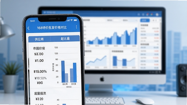 168特价批发价格对比界面截图，手机屏幕显示不同供应商的价格与起批量列表，有柱状图对比，背景为模糊的电脑屏幕显示市场数据，现代商务风格，蓝色调为主，清晰易懂