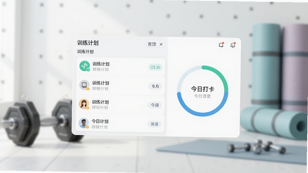 轻练软件主界面预览图，画面中央显示训练计划列表与今日打卡进度环，背景为简约的健身房场景，哑铃与瑜伽垫虚化，整体色调清爽明亮，突出软件界面UI设计，适配Boogu模型生成