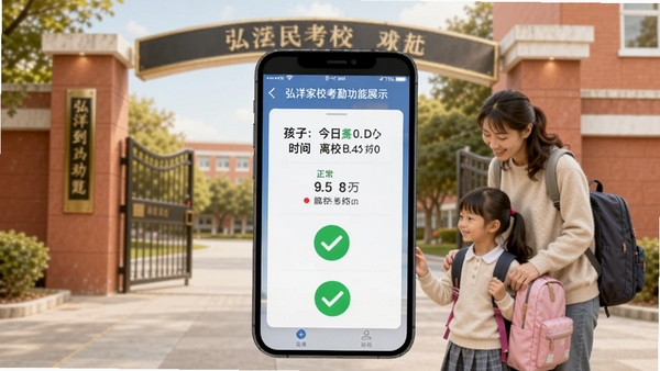 弘洋家校考勤功能展示，手机界面显示孩子今日到校时间和离校时间，下方有绿色对勾表示正常，背景为学校门口场景，有家长和孩子，画面温馨，突出安全放心感