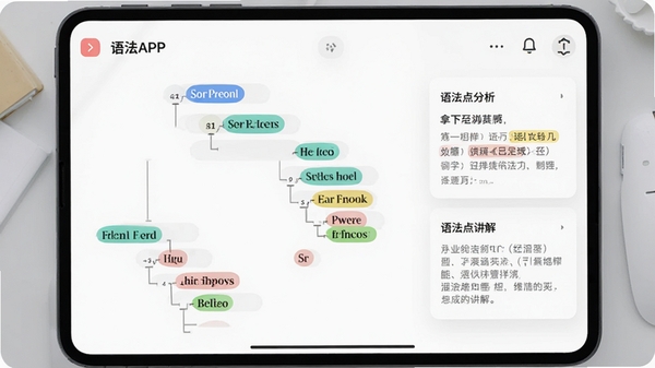 拿下语法APP的学习界面,屏幕上展示着一个英语长难句的树状结构分析图,不同成分用彩色标签高亮显示,右侧配有中文释义和语法点讲解卡片,背景为浅灰色桌面,风格现代简约