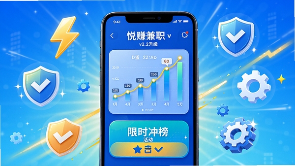 悦赚兼职v2.0.2版本升级示意图，画面中央是放大的手机屏幕，屏幕内展示新增加的收益日历图表和限时冲榜活动入口，周围环绕着代表优化和修复的图标元素，如闪电、盾牌和齿轮，整体色调明亮，突出升级感和速度感