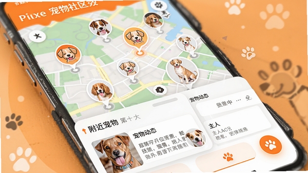 宠链同城社区功能效果图，手机界面展示基于地图的宠物社交功能，地图上有多个宠物头像标记点，底部弹出附近宠物动态卡片流，包含宠物照片和主人留言，界面风格活泼，采用橙白配色。