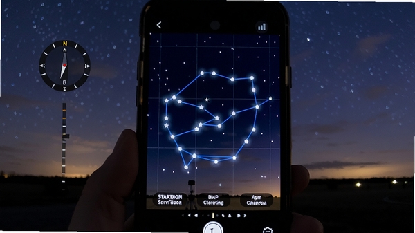 星特朗观星助手实时星图识别功能，手机屏幕中央显示猎户座星区，星星用亮白色光点呈现，星座连线为蓝色，底部有天体名称标签，背景是真实的夜空渐变色，左上角有方位角指示器，画面细腻清晰，突出AR增强现实效果