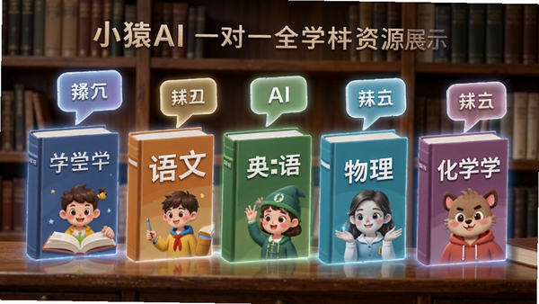 小猿AI一对一全学科资源展示图，画面以书架为背景，摆放着数学、语文、英语、物理、化学等不同科目的立体书籍封面，每一本书上都发着淡淡的光晕，代表AI互动的对话气泡从书本中升起，整体构图稳重，色彩丰富且协调，象征知识库的全面与深度