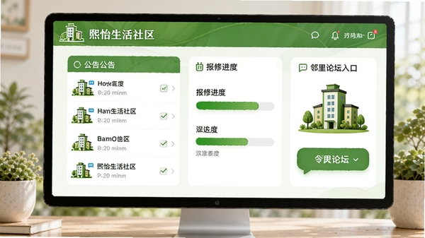 熙怡生活社区功能界面展示，包含公告列表、报修进度条、邻里论坛入口，界面以绿色为主色调，配有社区楼房图标，整体风格清新自然，突出社区互动与物业服务场景