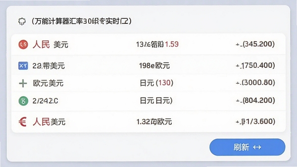 万能计算器汇率换算界面效果图，显示人民币兑美元、欧元、日元等货币的实时汇率列表，背景为浅色卡片式设计，底部有刷新按钮，整体风格商务清晰