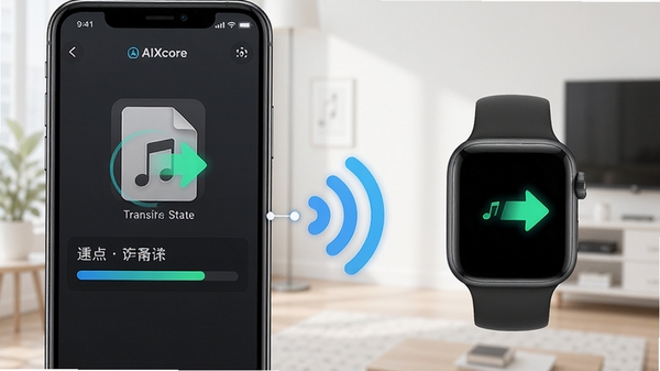 AIXcore文件传输功能操作示意图,手机与手表之间通过无线信号连接,界面显示正在传输的音乐文件和进度条,背景为整洁的室内环境,色调明亮,文件图标清晰可辨,传输状态以动态箭头表示,整体画面干净,重点突出传输速度和稳定性。