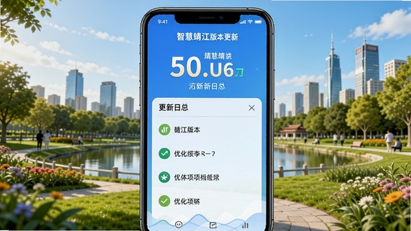 智慧靖江版本更新界面,手机屏幕上显示更新日志,背景为靖江城市公园景色,色调明快,突出版本号与优化项,适合AI生成