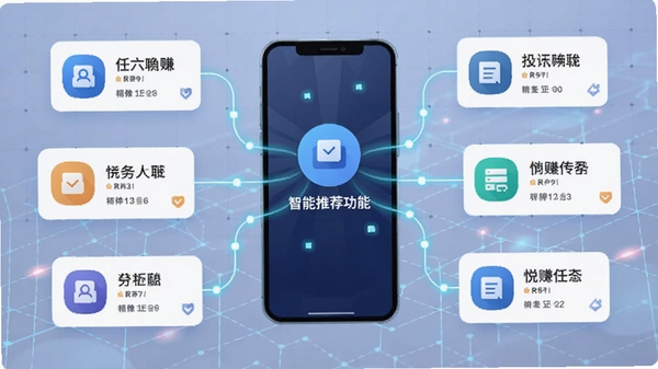 悦赚兼职智能推荐功能示意图，以手机图形为中心，周围环绕着不同图标的任务卡片，卡片之间用发光的线条连接至手机，寓意精准匹配，背景为淡雅的技术网格图案