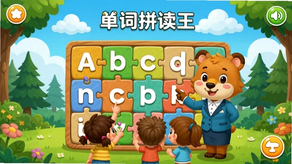 单词拼读王应用主界面预览图,色彩明亮活泼,背景为蓝天白云下的卡通森林,前景展示一个巨大的字母拼图板,上面有可爱的动物老师正在引导孩子点击字母发音,界面元素清晰,适合儿童教育应用风格