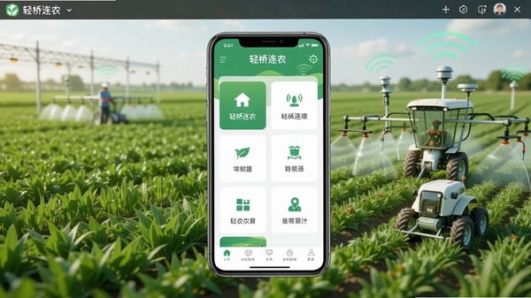 轻桥连农软件主界面高清截图，画面中央显示农田与智能手机叠加效果，手机屏幕中清晰展示“轻桥连农”APP的首页功能模块，背景为绿色田野与智能农业设备，整体色调明亮自然，风格写实，突出农业科技感，画面比例为16:9，适配Boogu模型生成。