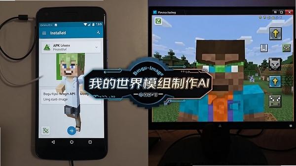 A split screen showing an Android phone installing an APK and a PC emulator running Minecraft mod tools, blue and orange tech style, the interface of 