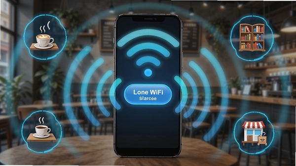 万能WiFi速连功能示意图，手机屏幕放射出WiFi波纹覆盖周围环境，周围有咖啡厅、图书馆等图标，中央显示一键连接按钮，画面科技感强，色彩明亮