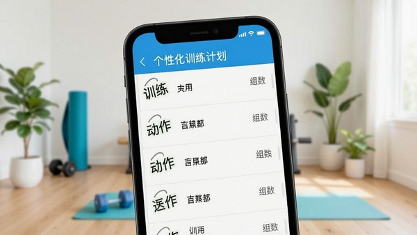 口袋教练个性化训练计划界面，手机屏幕显示周计划列表，包含训练日期、动作名称和组数，背景为简约家居健身环境，色调明快清晰