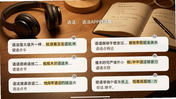 拿下语法APP的例句详解页面,展示一个语法点的多个例句,每个例句配有中文翻译和语法点高亮标注,背景为暖色调的书桌场景,上方有耳机和笔记本,营造沉浸式学习氛围,画面质感细腻。