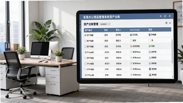 实易办公用品管理系统资产台账管理界面,展示办公电脑、打印机等固定资产的列表,包含资产编号、状态、责任人等信息,背景为办公室一角,有办公桌椅和绿植,风格专业大气
